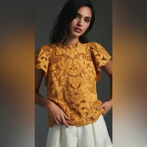 Anthropologie Lace Top Blouse Sz S The Lainie High Neck Bohemian Mustard Yellow